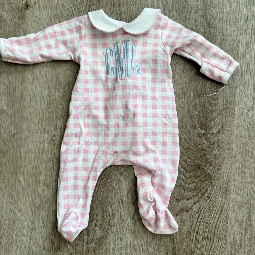 Magnolia Pink and White Checkered Kids Footie, monogram- CML
